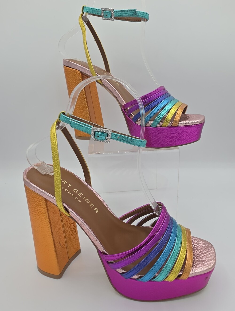 Kurt Geiger London 37 Rainbow Metallic Platform Block Heel Sandals Multicolor